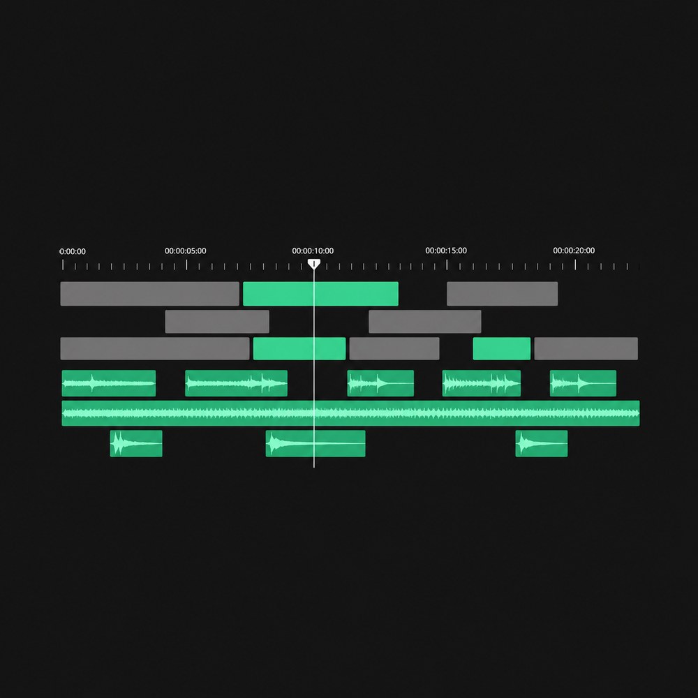Minimal editing timeline with green video and audio clips
